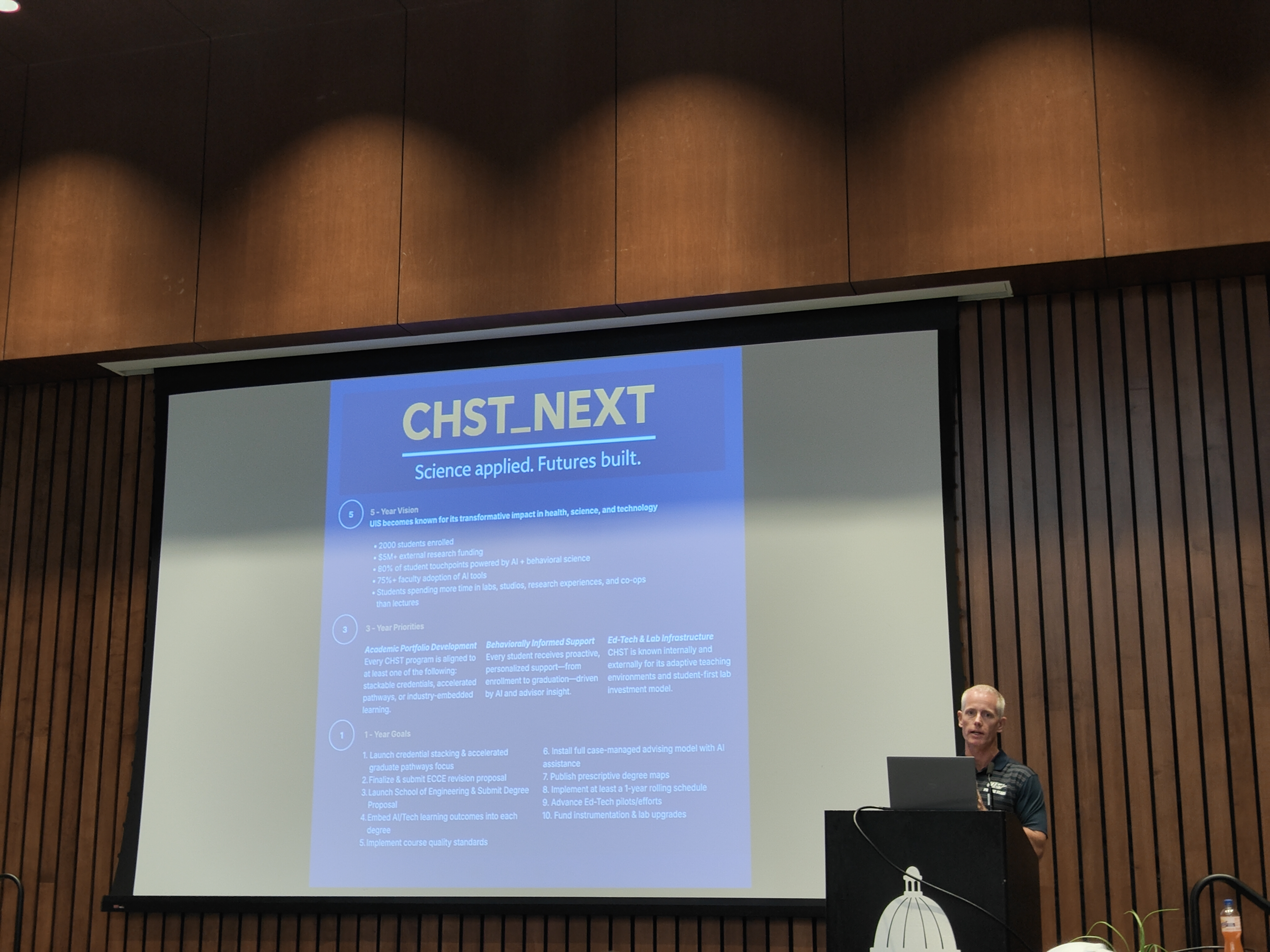 Dean Travis Bland presenting the CHST_NEXT strategic plan at the Fall 2025 All-College Meeting