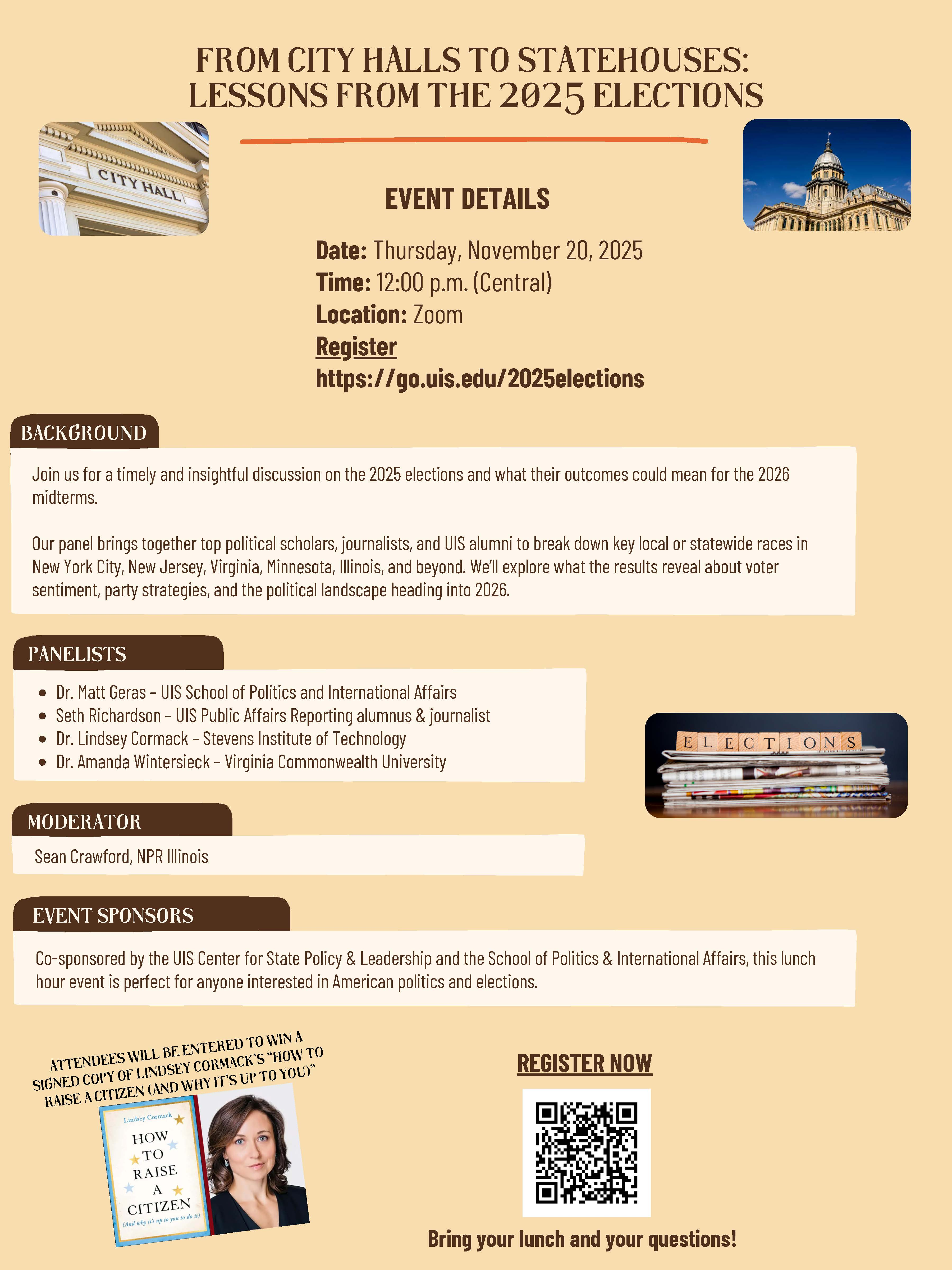 Event flyer with details for a discussion on 2025 elections