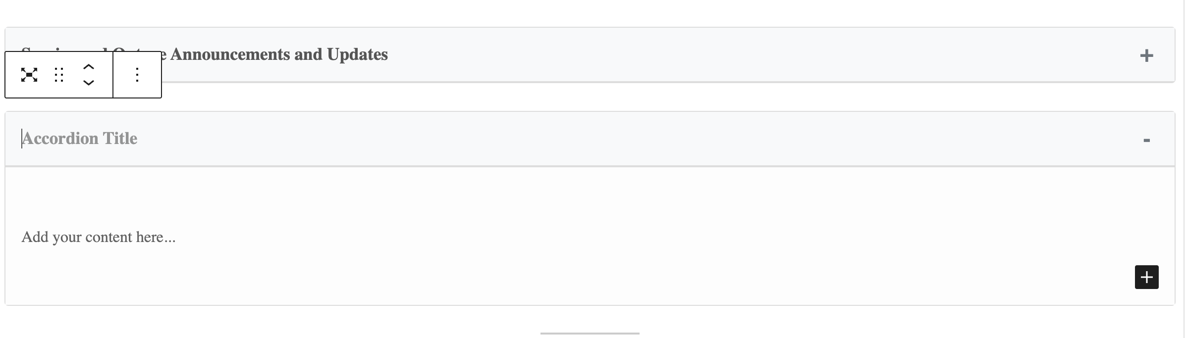 screenshot of an empty accordion block in the editor ready to have content inserted into it