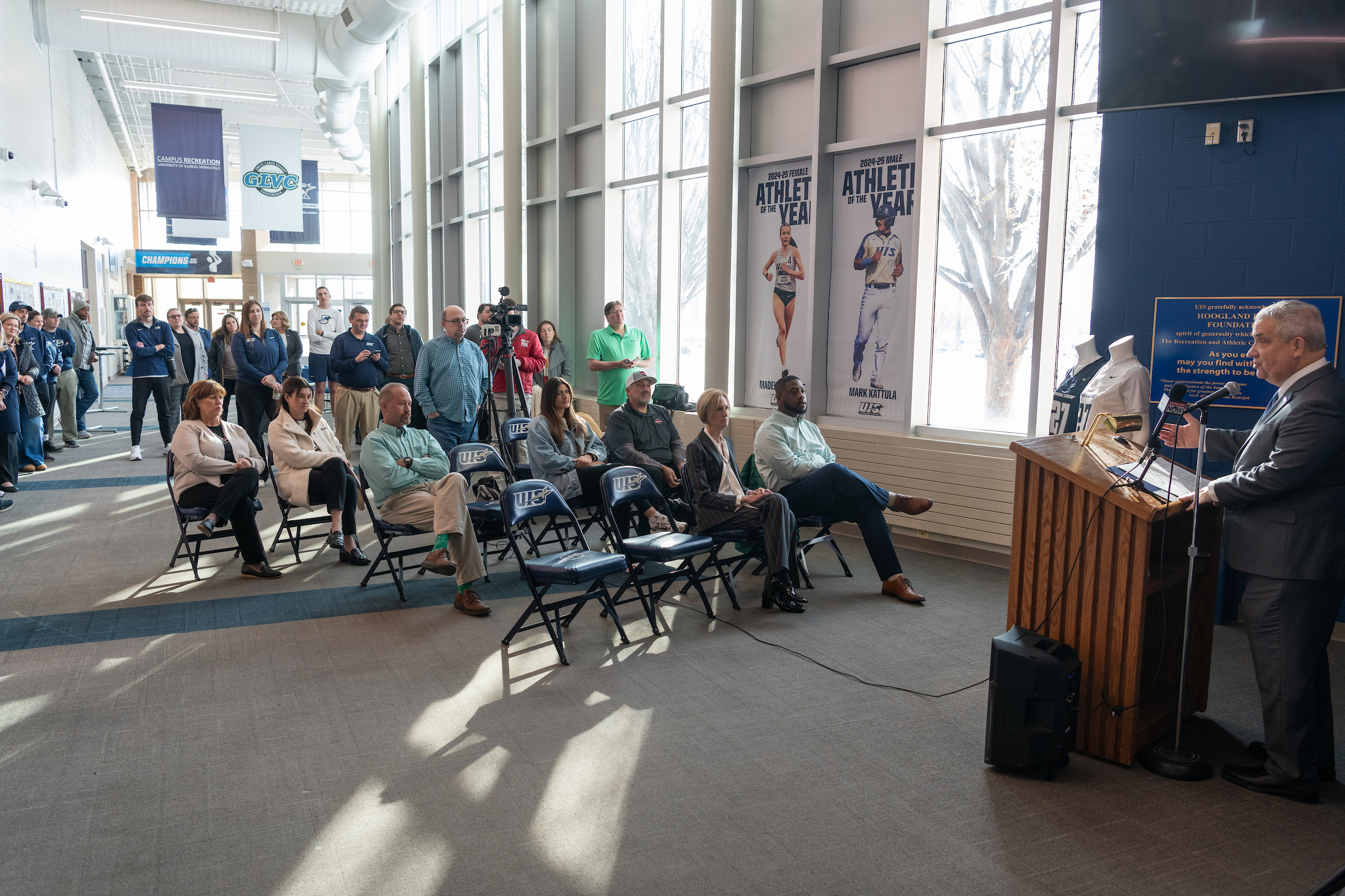 UIS students, faculty, and staff gather for UIS Athletics press conference, announcing the addition of women's flag football.