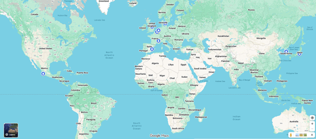 Google world map with partner universities identified with suitcase icons