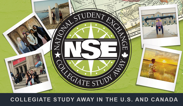 photo snapshots of students on exchange, large campus logo on a lime green background