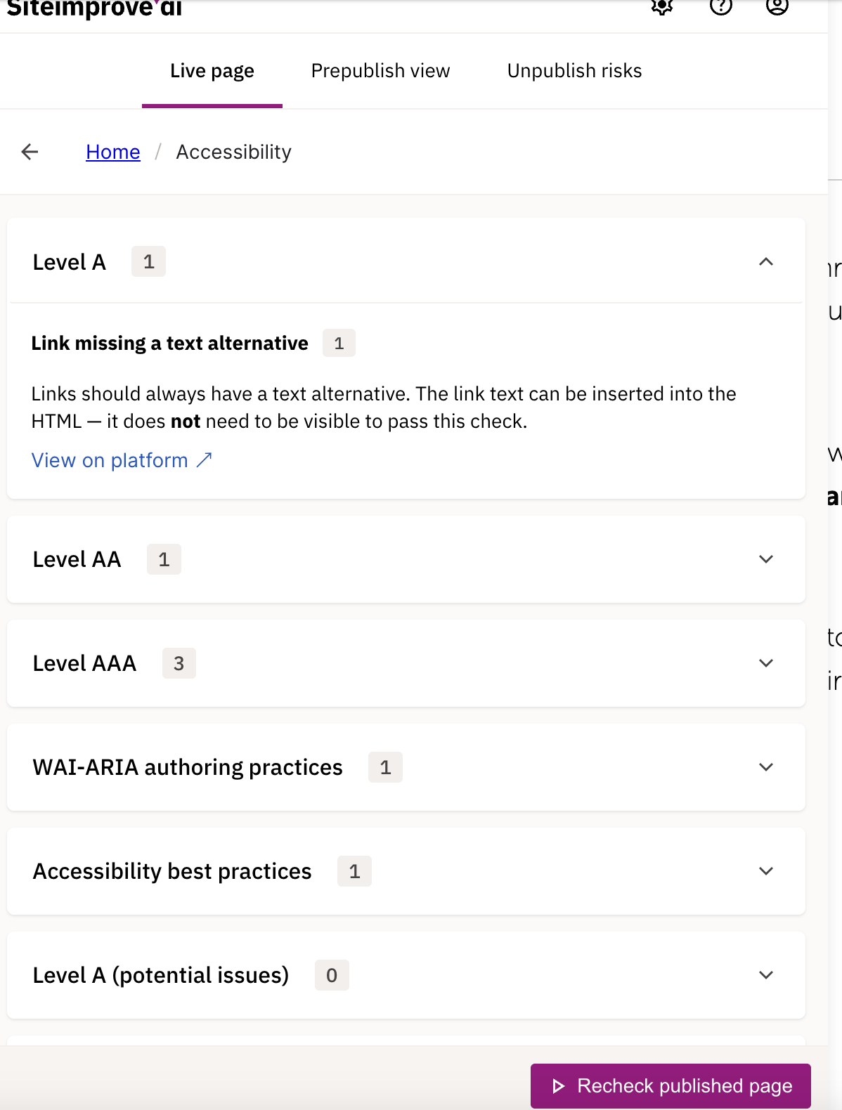 siteimprove pop up live page issues