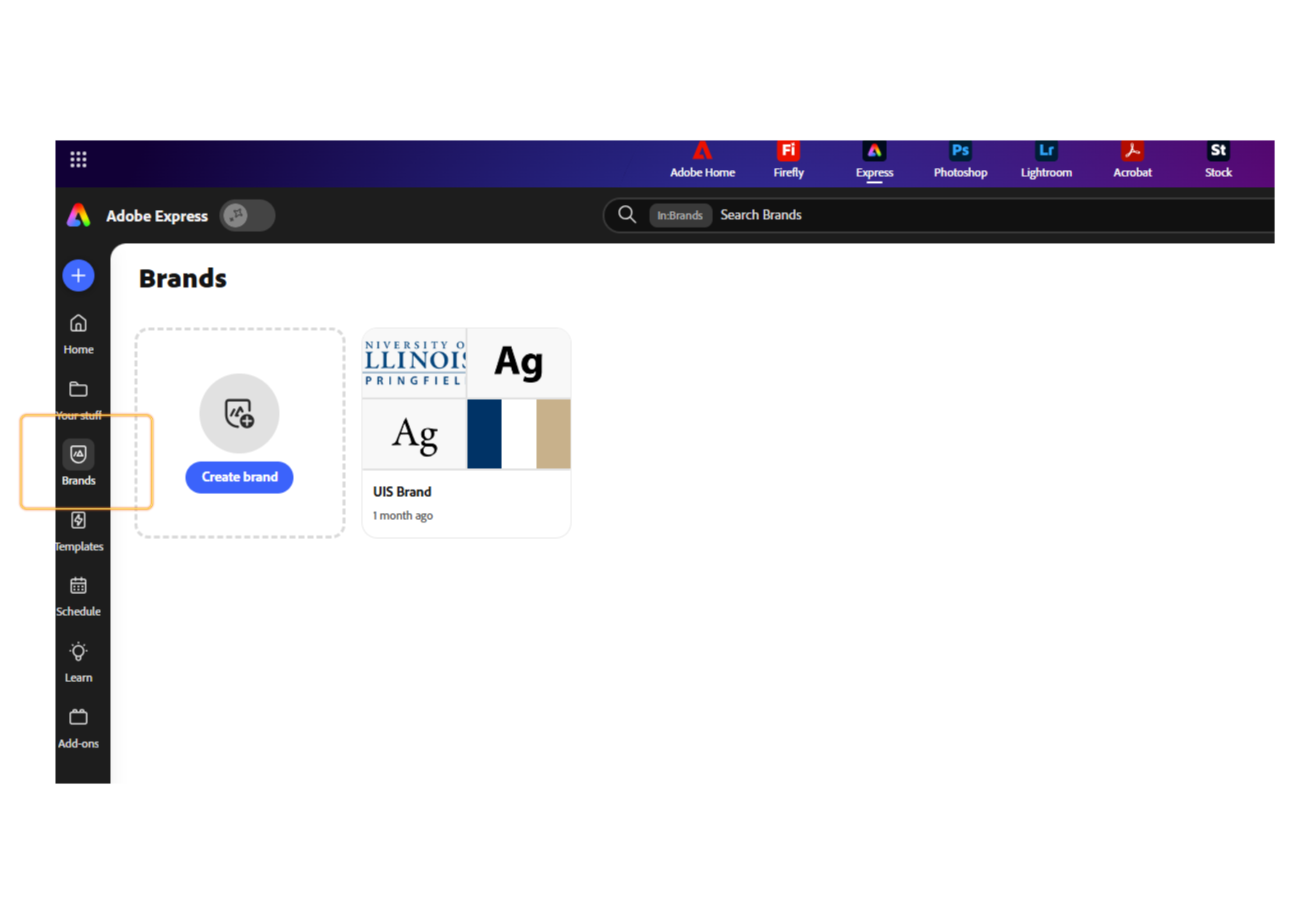 Screen shot of Adobe Express dashboard with brands tab noted.