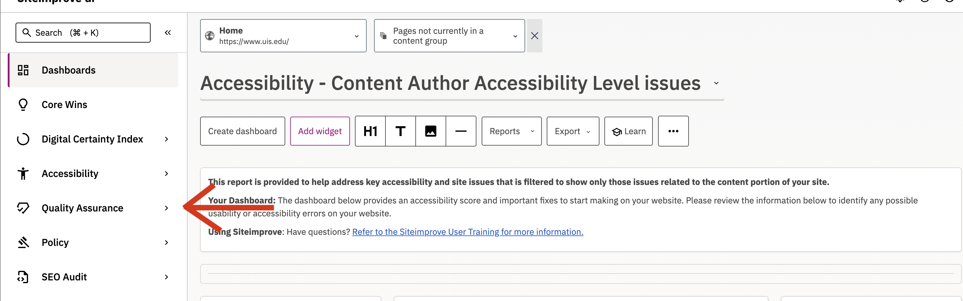 screenshot of the Siteimprove dashboards with an arrow pointing the the Quality Assurance dashboard