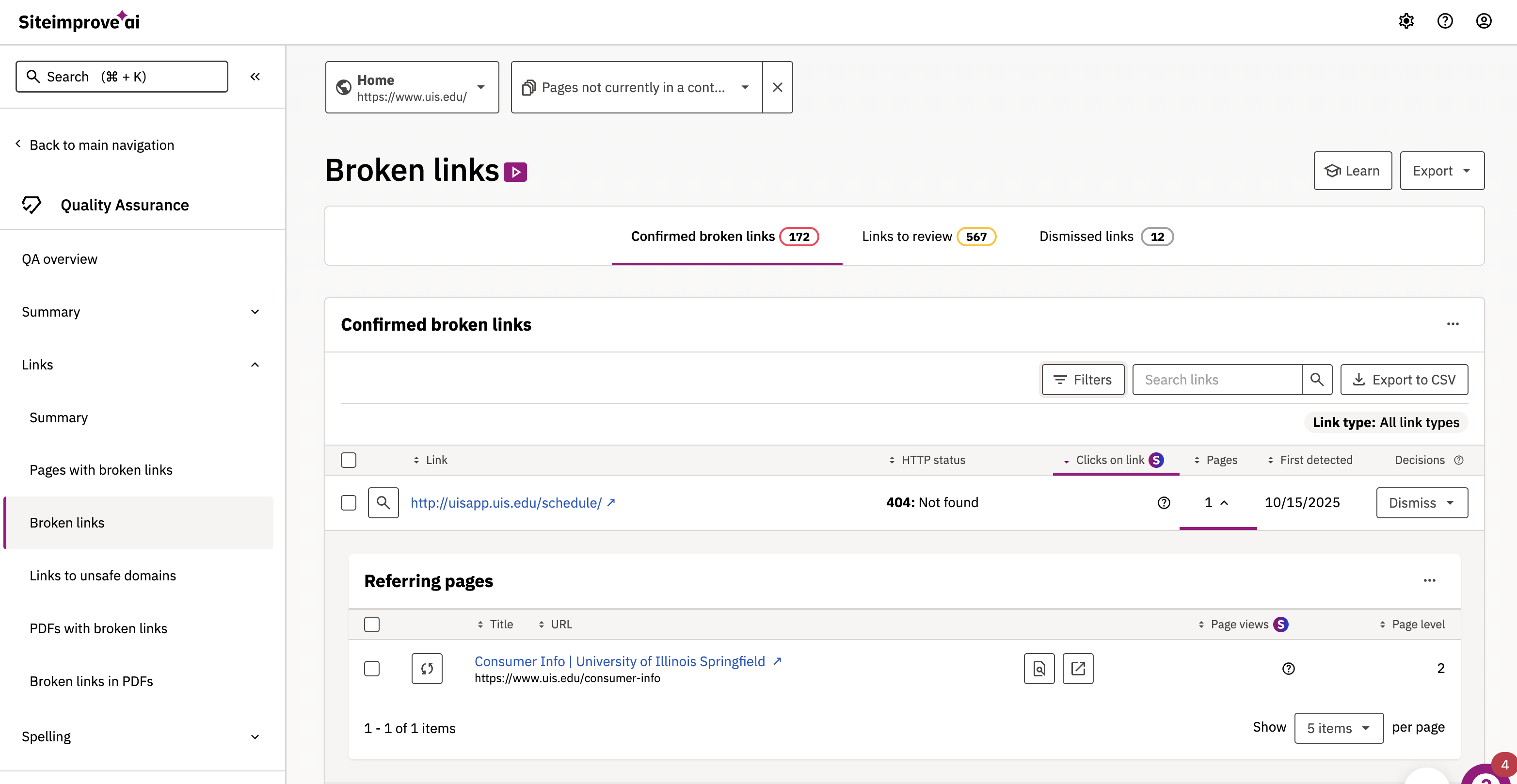 screenshot of the Broken Links Dashboard on Siteimprove