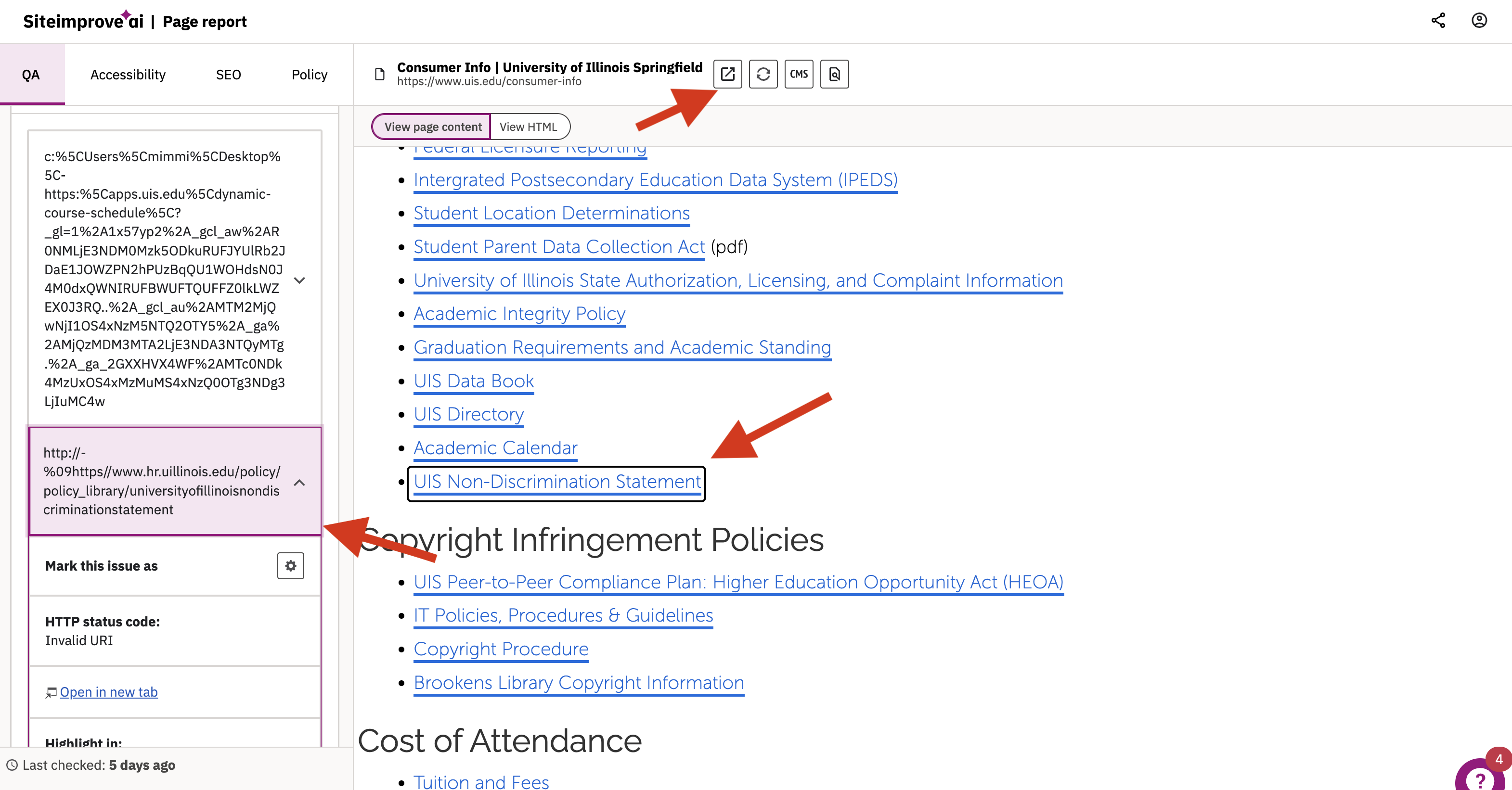 screenshot of a page opened up in Siteimprove showing where broken links are