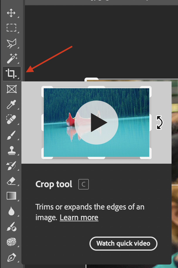 screenshot of where the crop button is in the photoshop menu