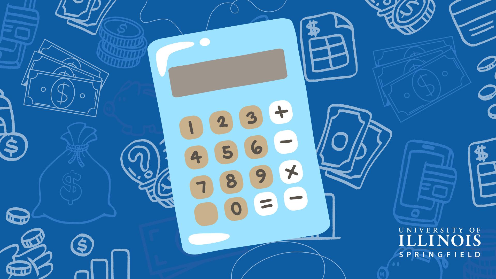 Blue calculator graphic on a dark background with finance icons.