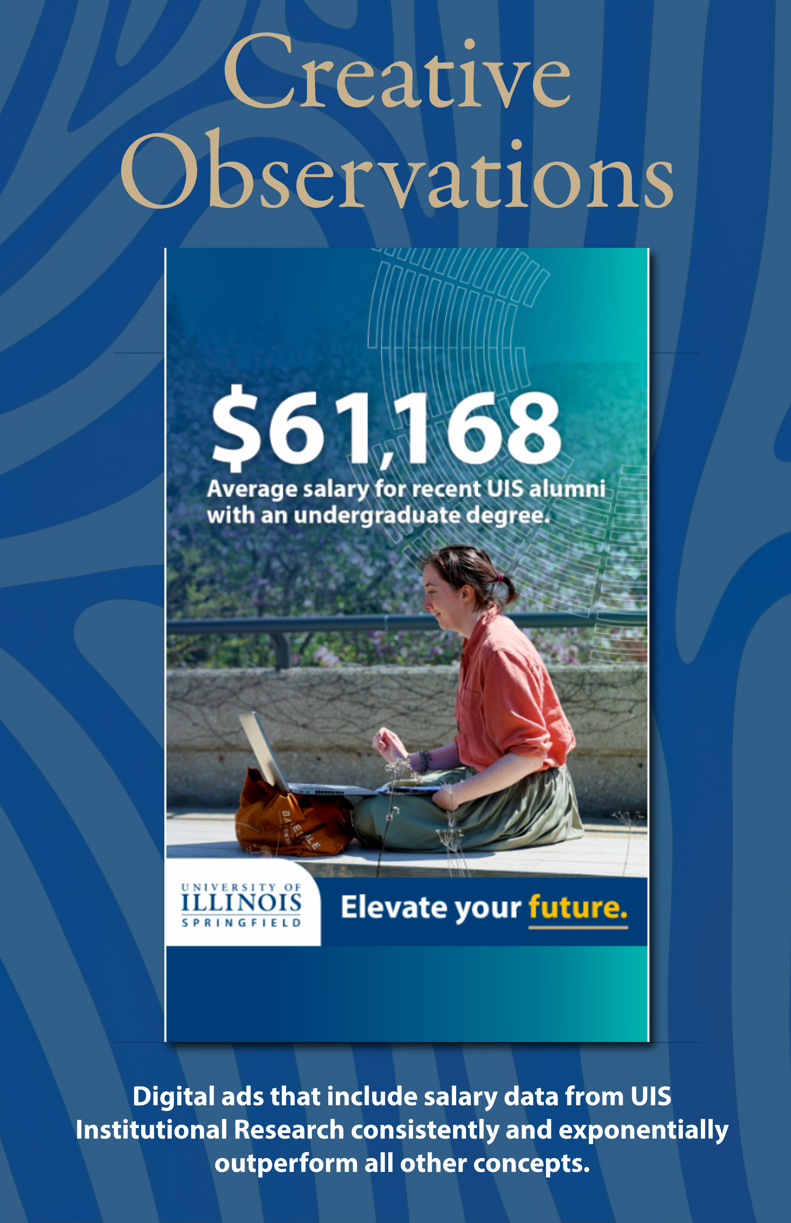 Visual of Snapchat/TikTok story of student sitting outside with explanation that ads including salary data outperform all others