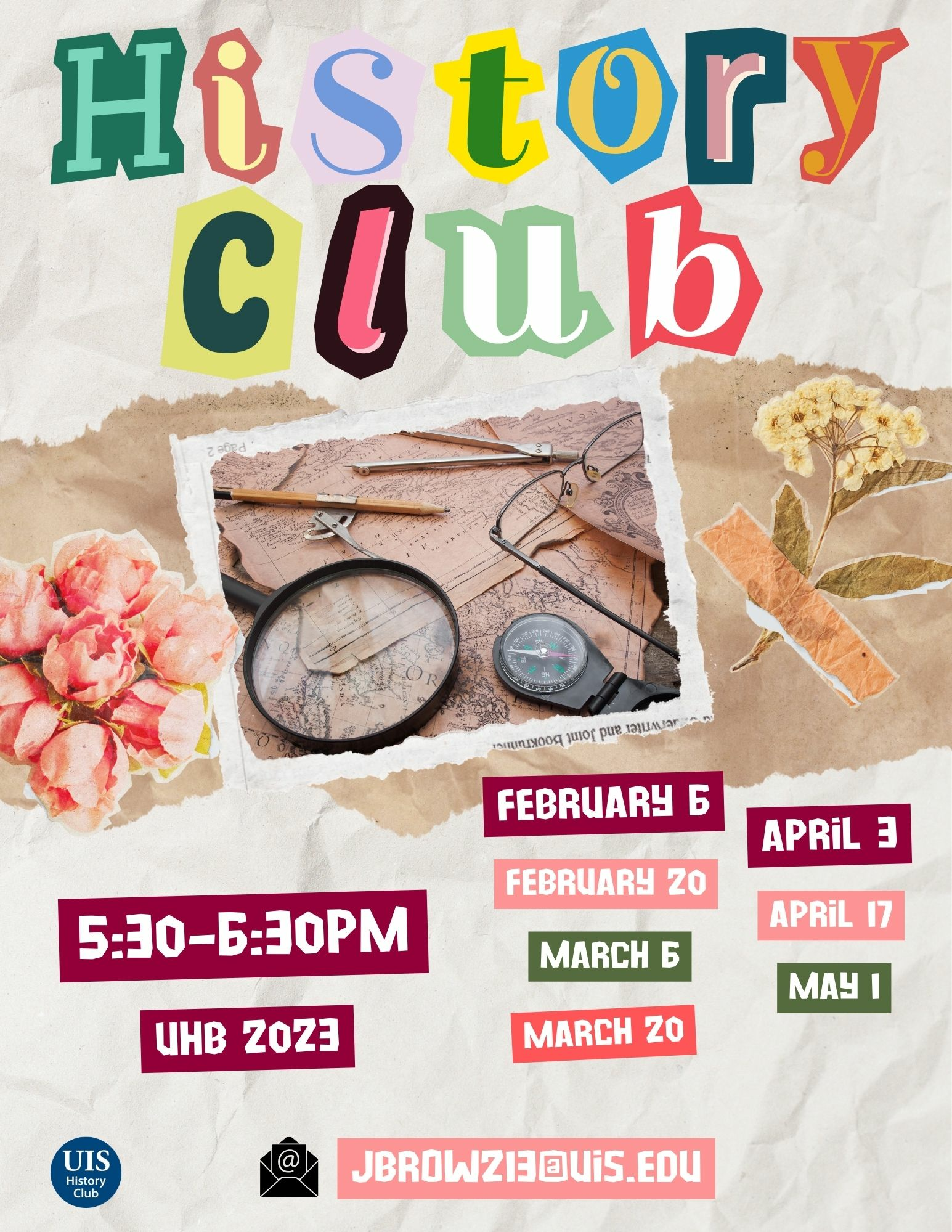 Colorful "History Club" poster with vintage maps, a magnifying glass, and compass. 