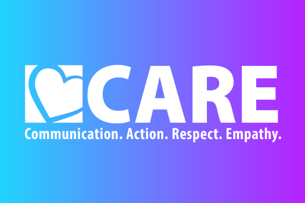 CARE logo with heart graphic on blue to purple gradient with words: Communication. Action. Respect. Empathy.