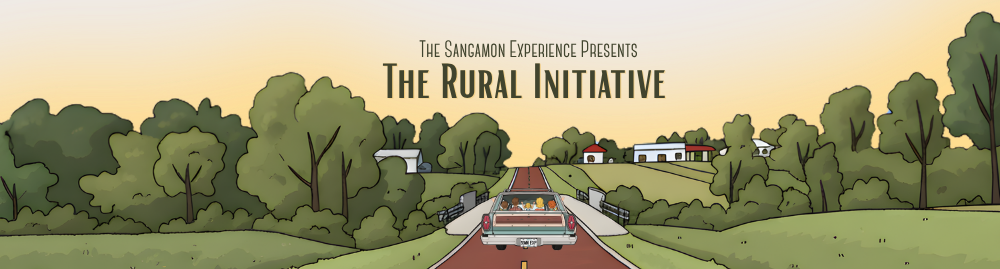 car driving over a rural bridge Text reads: “The Sangamon Experience Presents The Rural Initiative.”