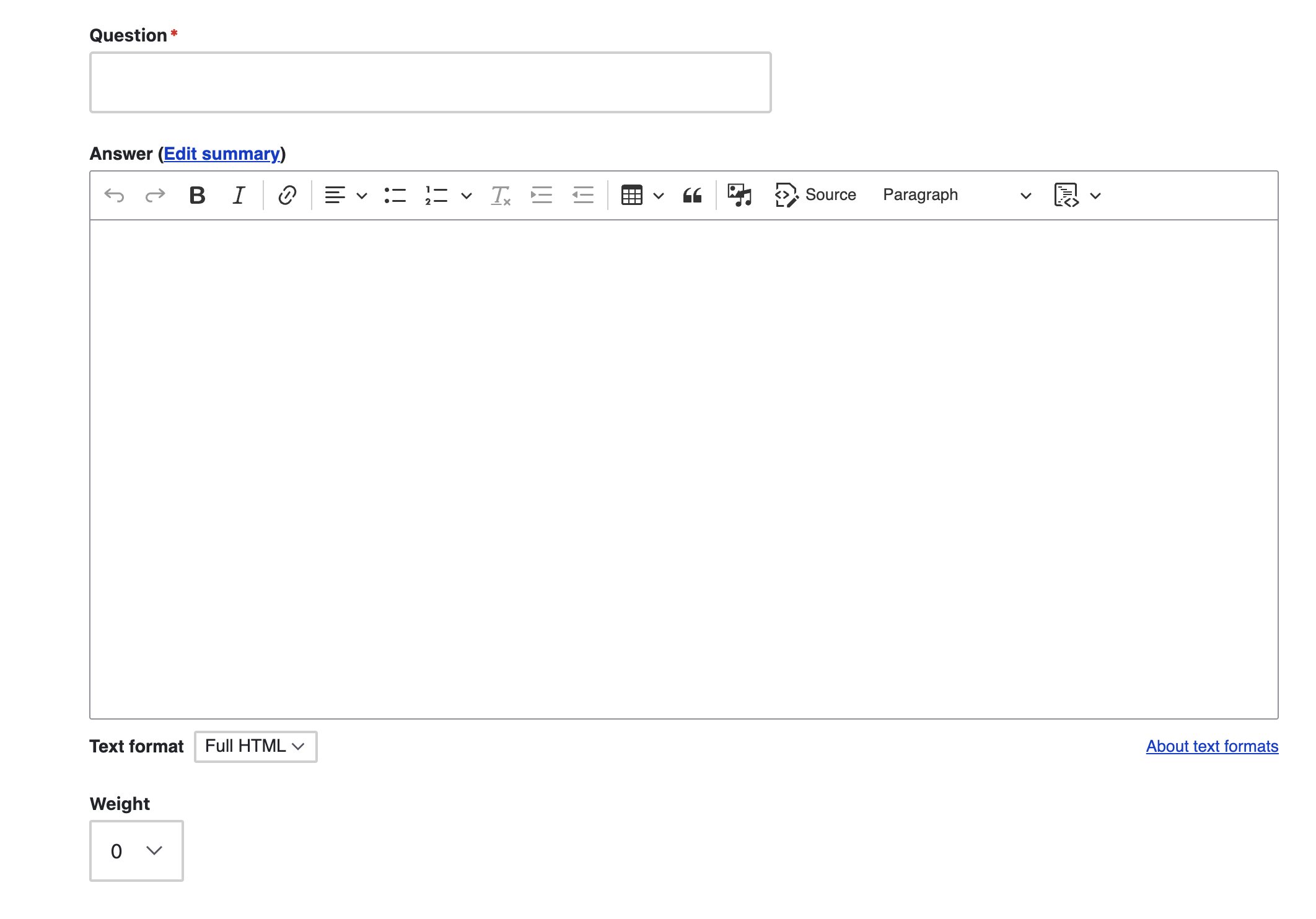 screenshot of FAQ content type