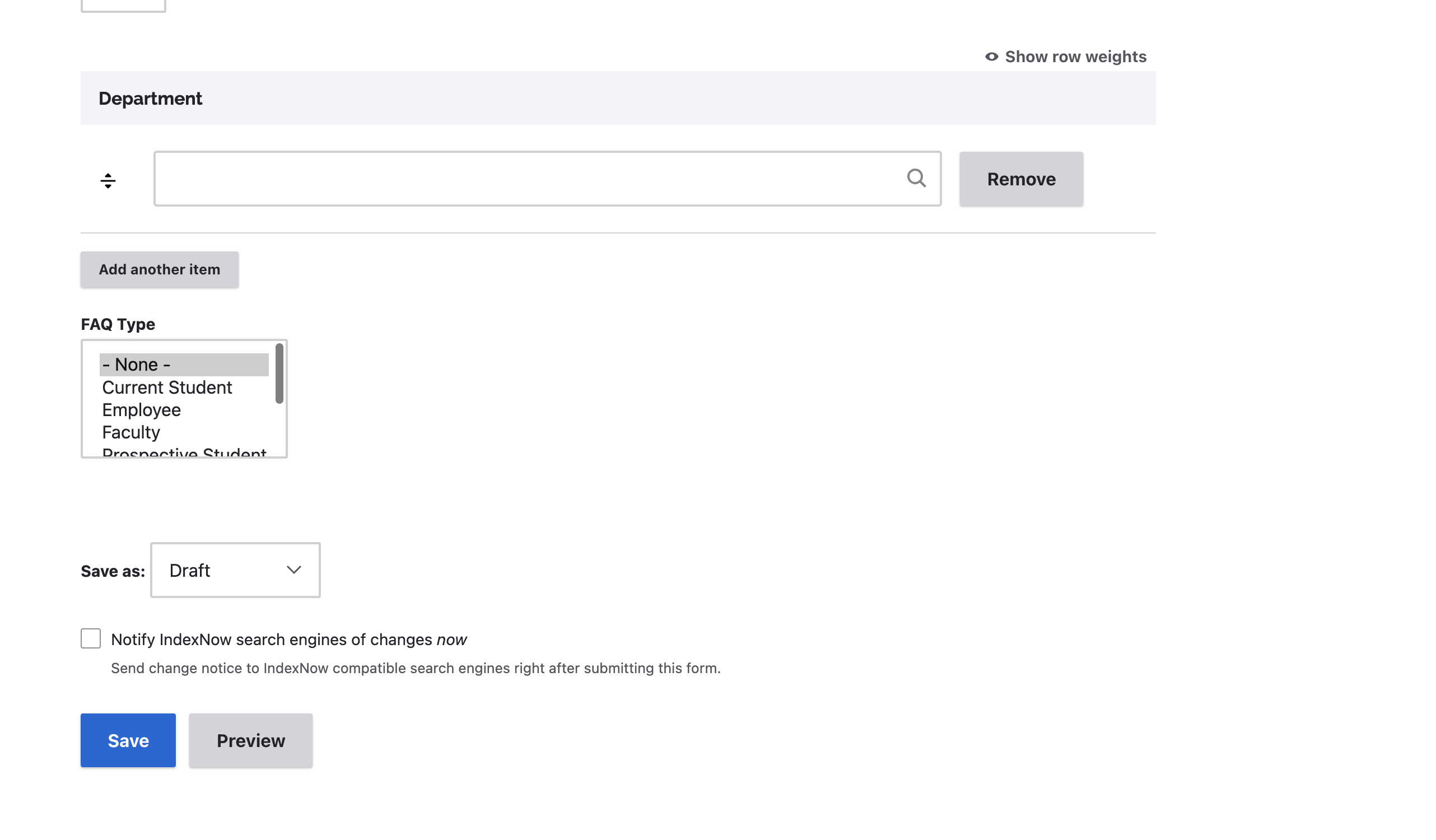 screenshot of department and faq field type