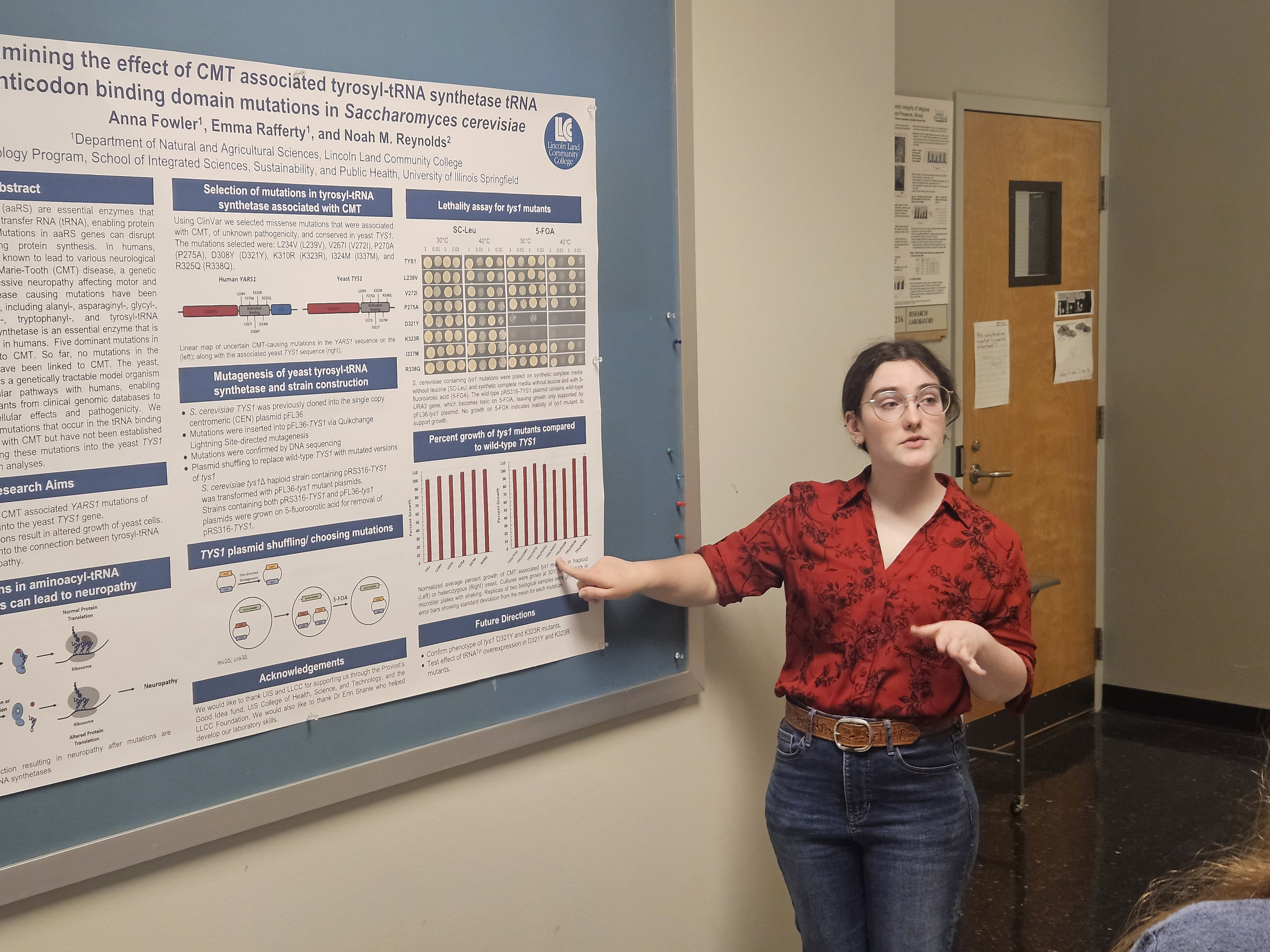 Student researcher presents findings from a biology poster on genetic mutations during an undergraduate research session.