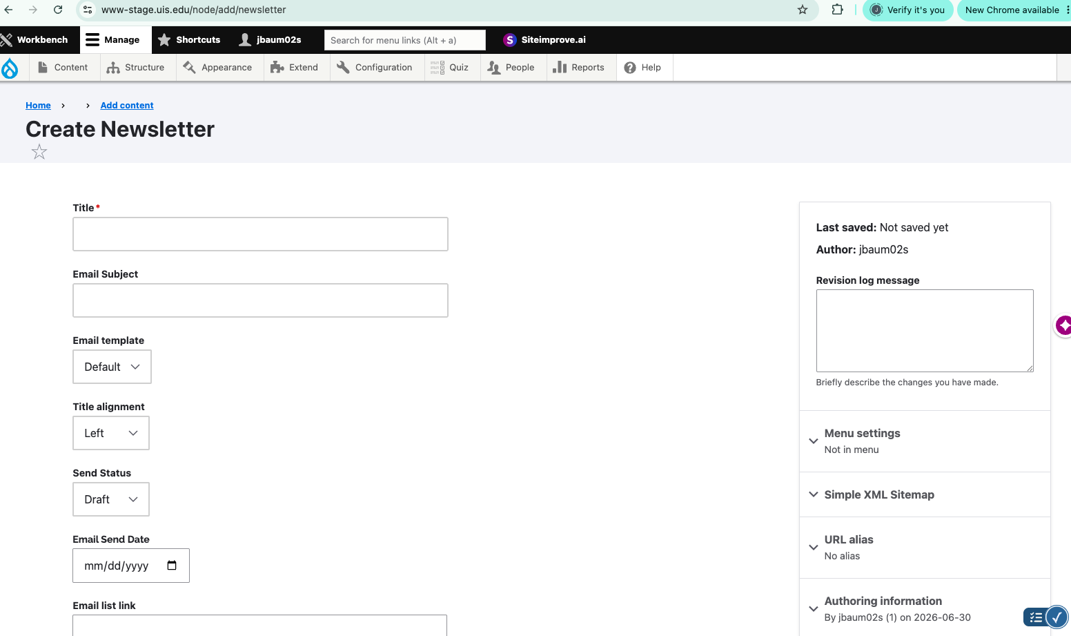 screenshot of newsletter content type