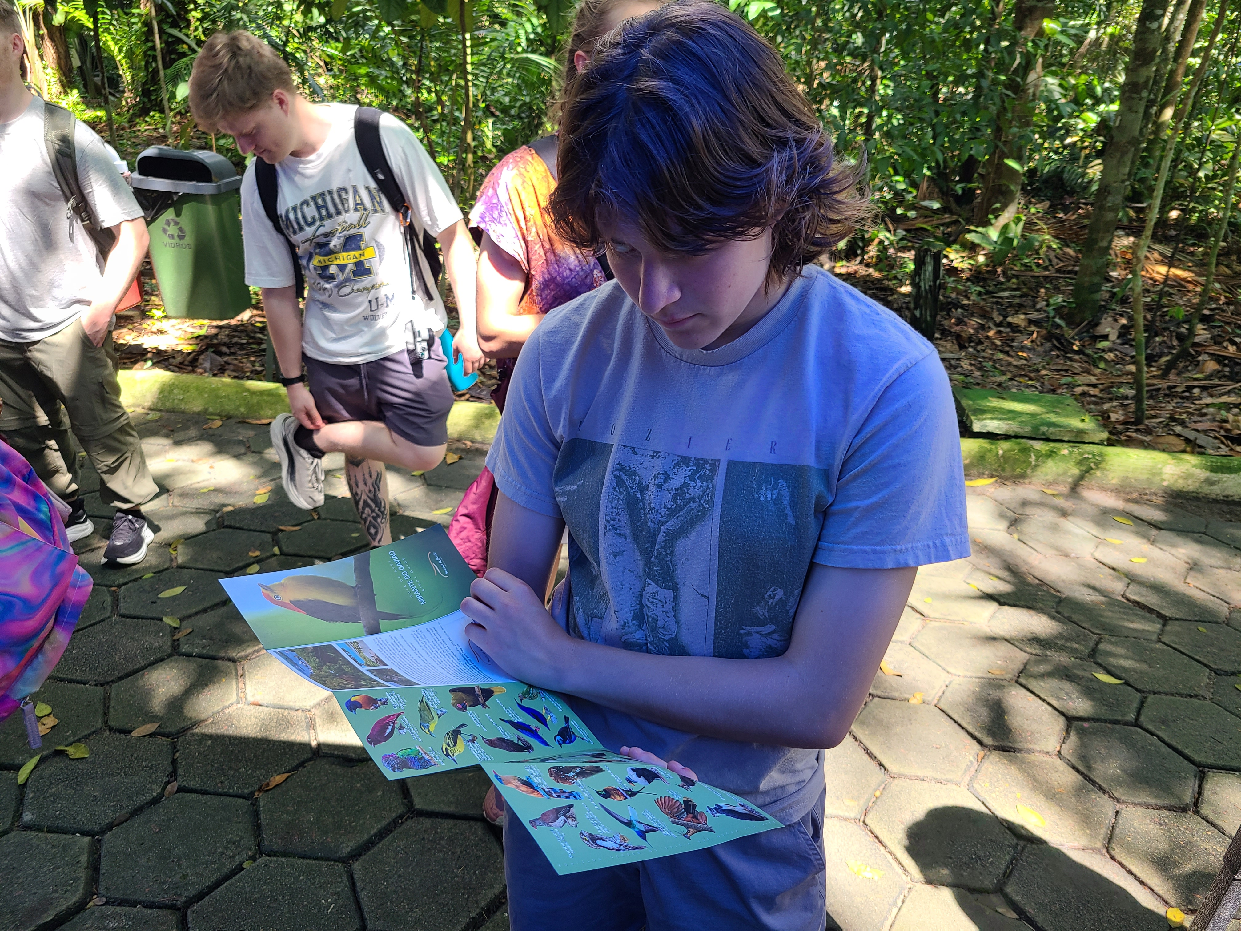 A UIS student uses a bird guide to identify species during a rainforest field study in Brazil.