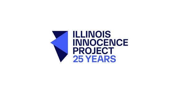 Logo: Illinois Innocence Project, 25 Years, with a blue geometric shape.