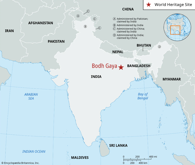 Map of India showing the location of Bodh Gaya in the Northeast