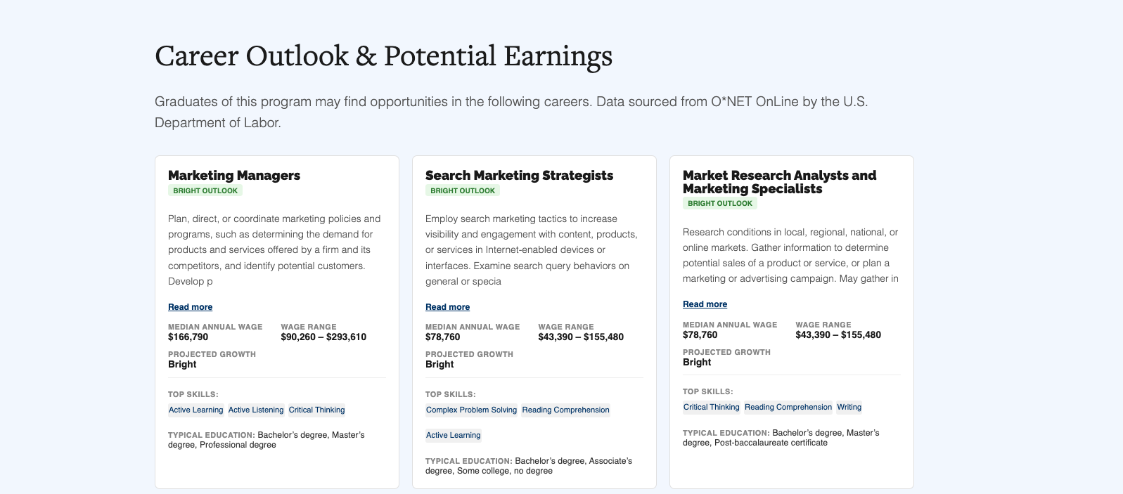 screenshot of career outlook and potential earnings block