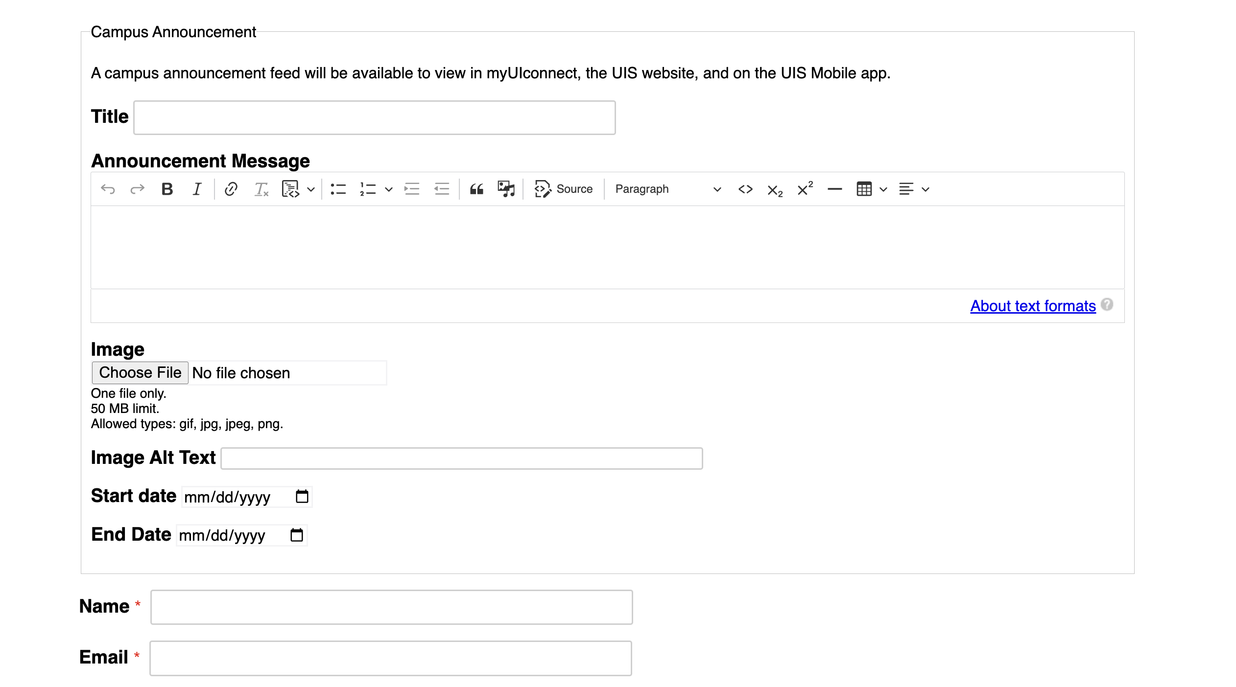 campus announcement form options