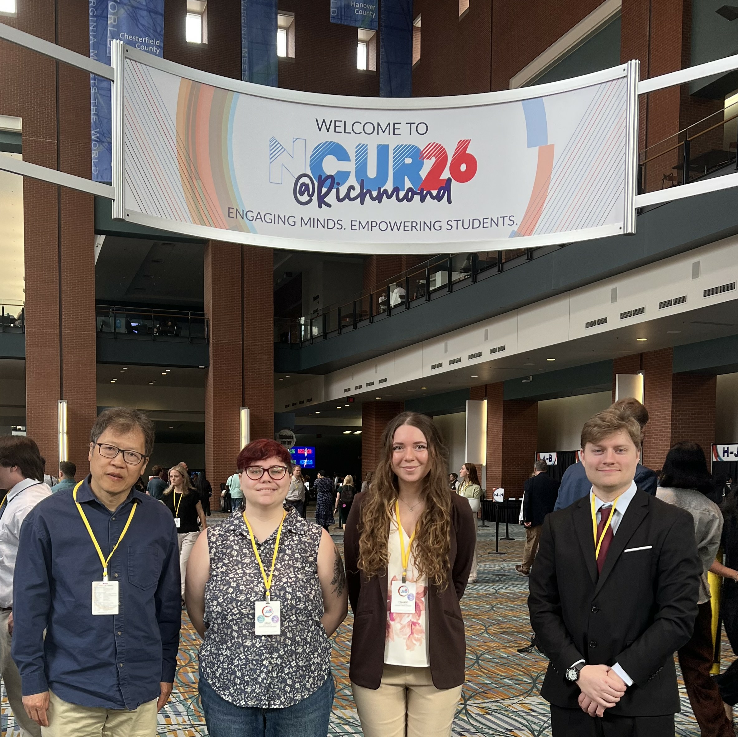 Student presenters at NCUR Celia Christen, Brandon Meis, Frankie Molitor with Professor Hua Chen.