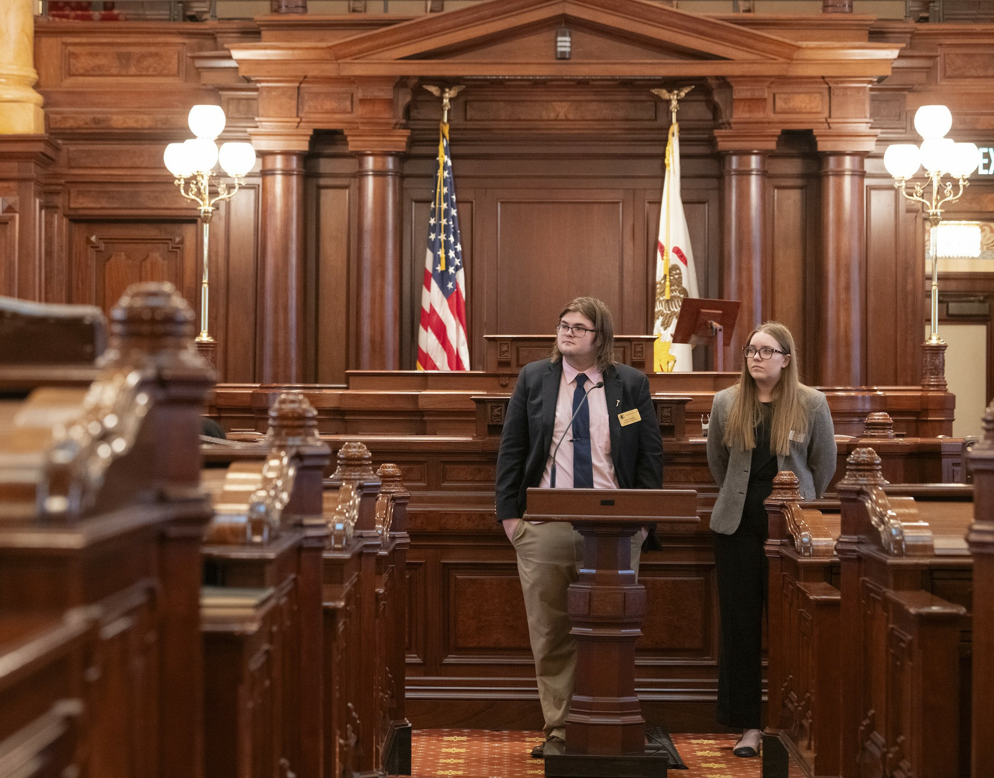 John Kennedy, President of the Senate, and Abbie Hasty, his Chief of Staff, in at the Model Illinois Government simulation.