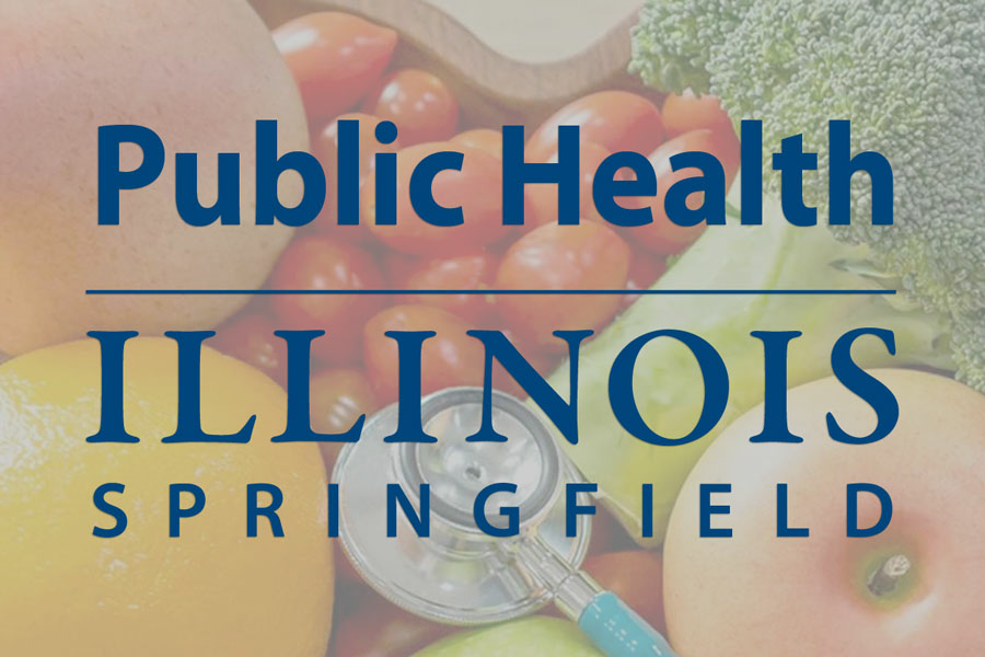 UIS Public Health Logo on top of a bowl of veggies and a stethoscope