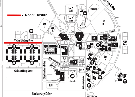 Road closure aerial view of UIS campus