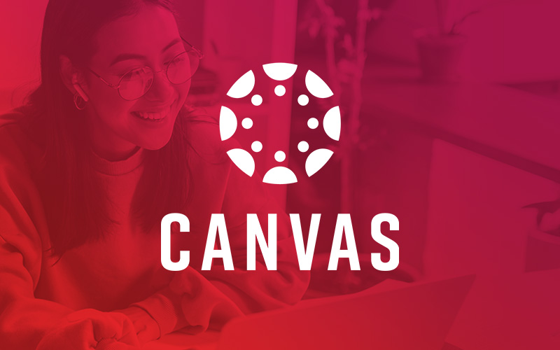 Red-tinted photo of a woman smiling at a laptop, with a Canvas logo.