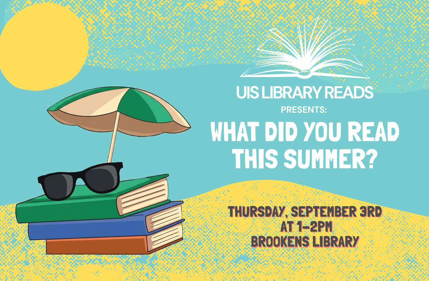 Books with sunglasses and umbrella on a teal background with event details.