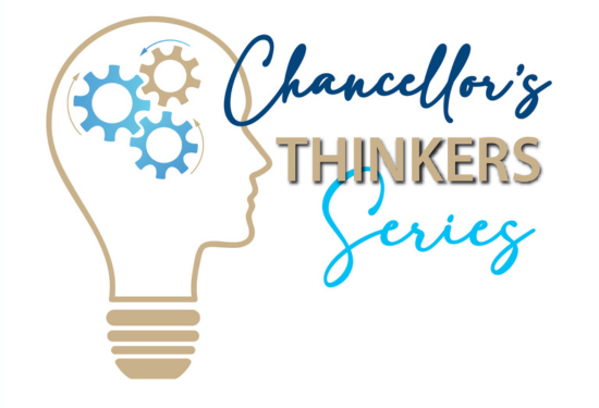 Light bulb logo with gears, text reads "Chancellor's Thinkers Series".