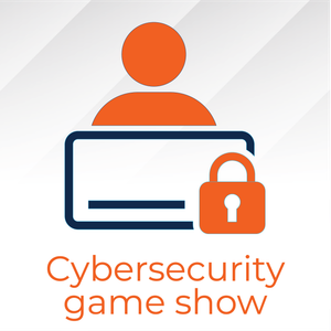 Orange person icon with a computer and lock, text: Cybersecurity game show.