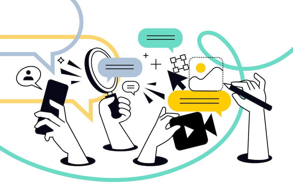 Hands holding multimedia elements