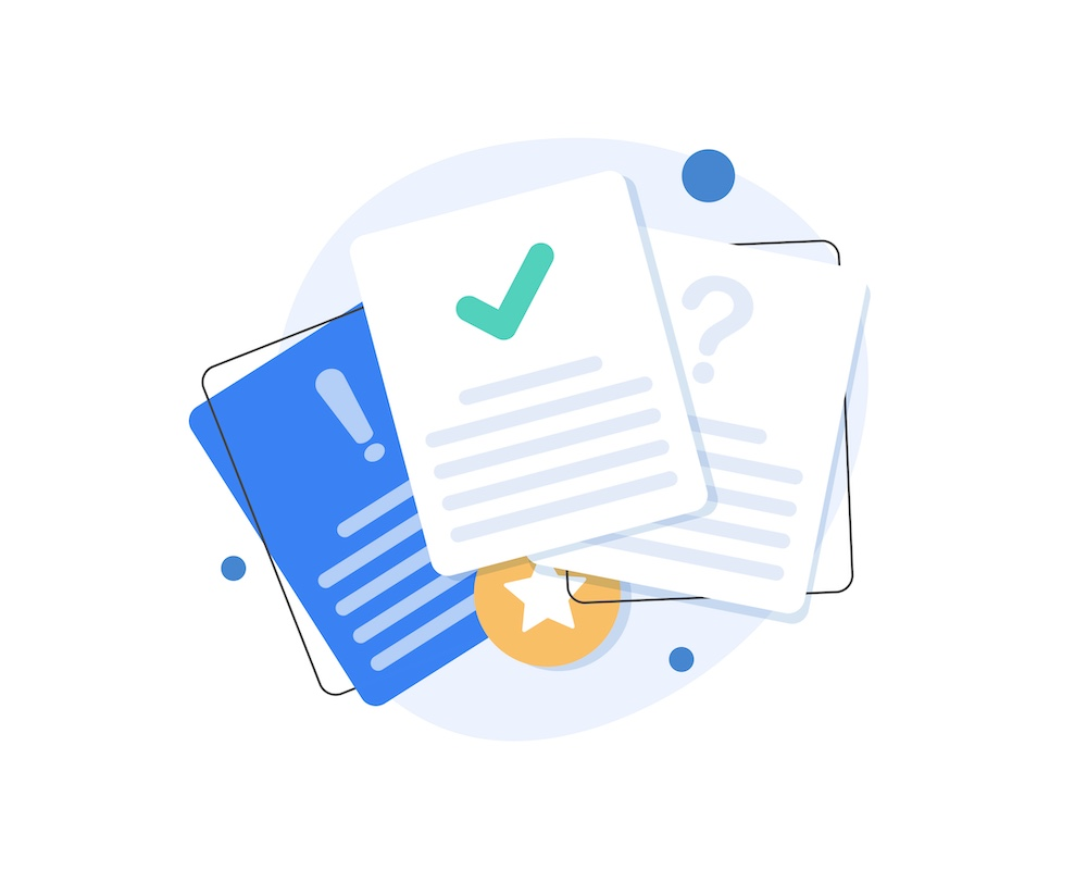Documents with a question mark, an exclamation point, and a checkmark
