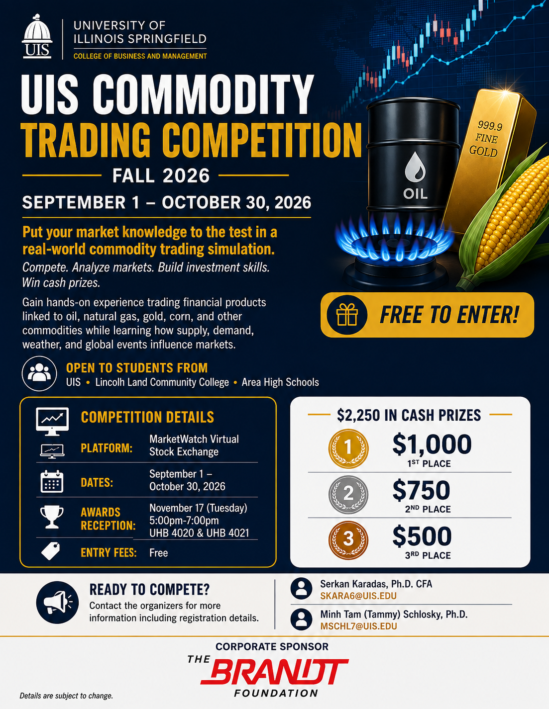 University commodity trading competition flyer with prizes and contact details.