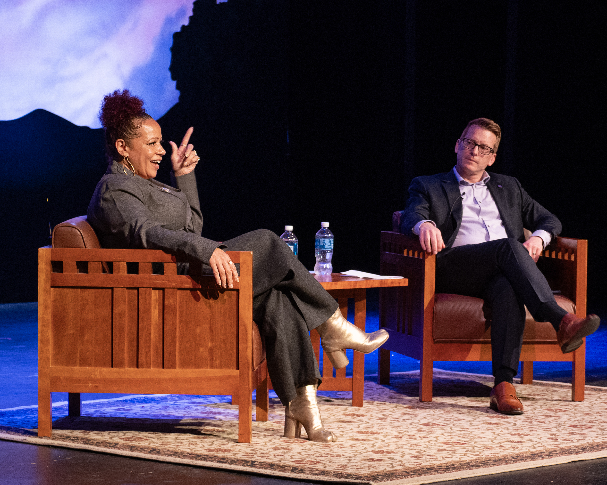 Nikole Hannah-Jones and Jacob K. Friefeld in conversation on a stage.