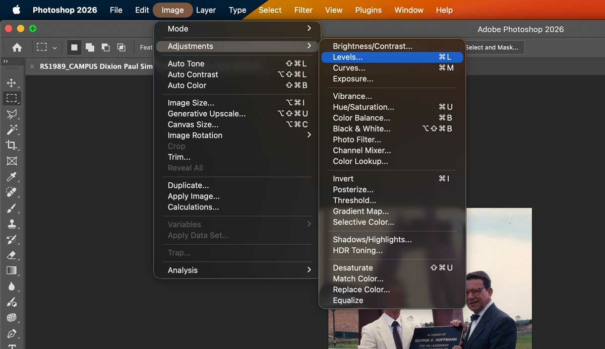 screenshot of photoshop showing where to find the Levels functionality