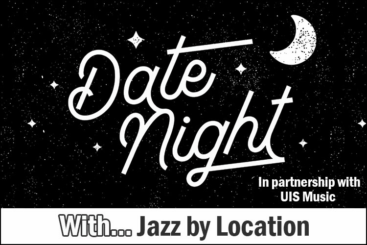 Date Night with Jazz by Location flyer. Background of stars and a moon