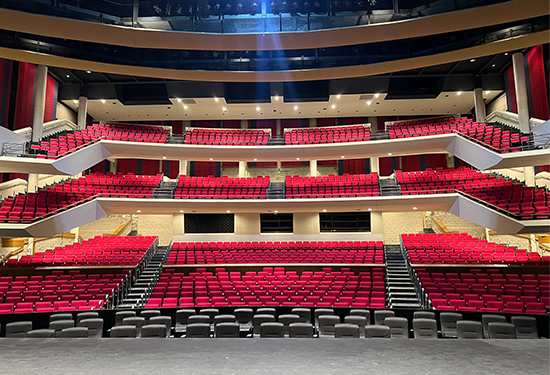 Red theater seats in an empty auditorium, spotlight overhead.