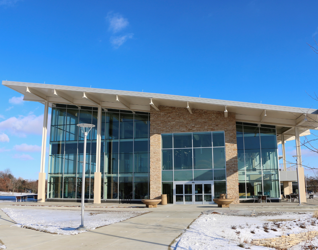 Student union surrounded by snow