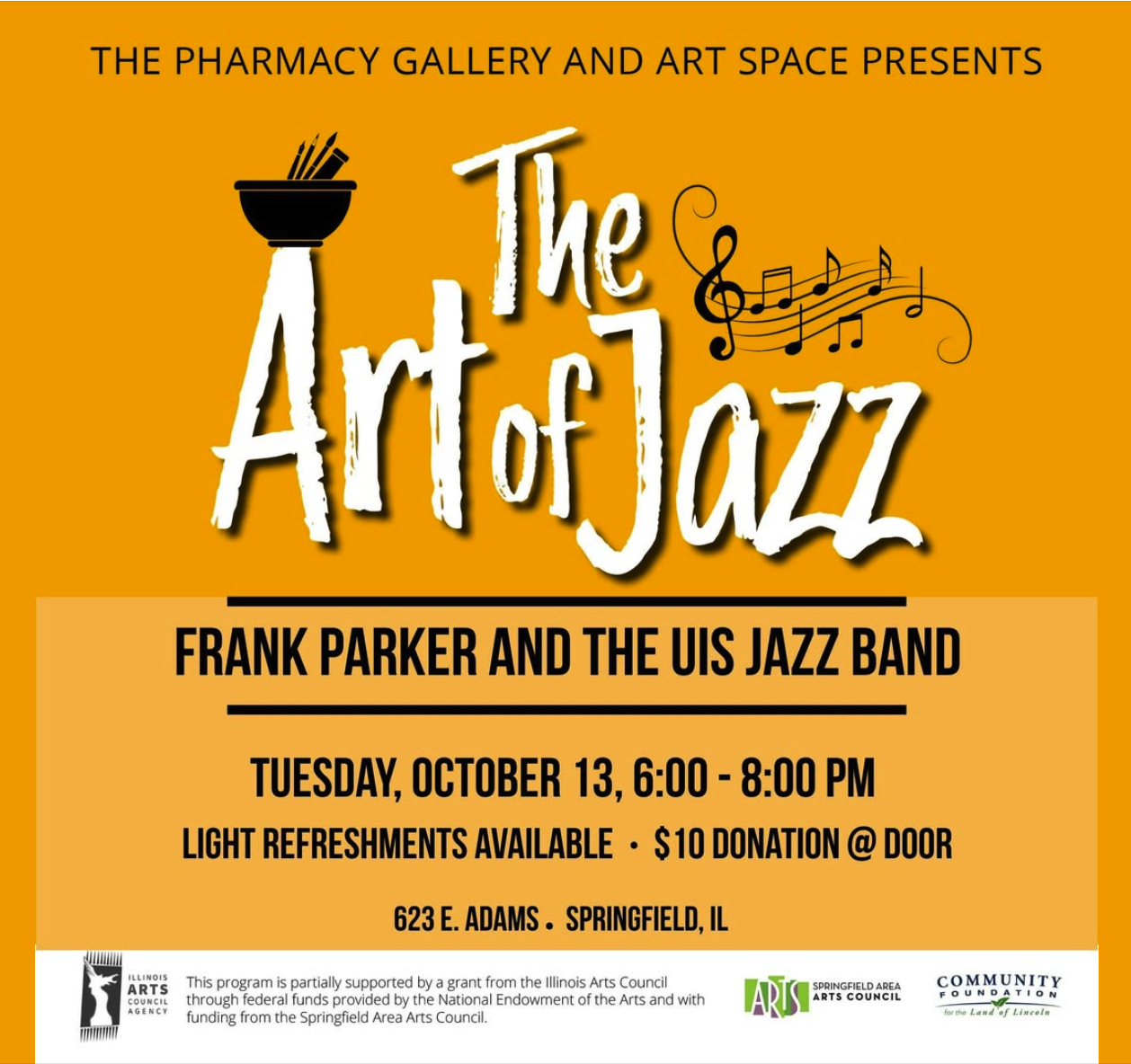 The Art of Jazz event flyer featuring Frank Parker and the UIS Jazz Band. Yellow background showing music notes