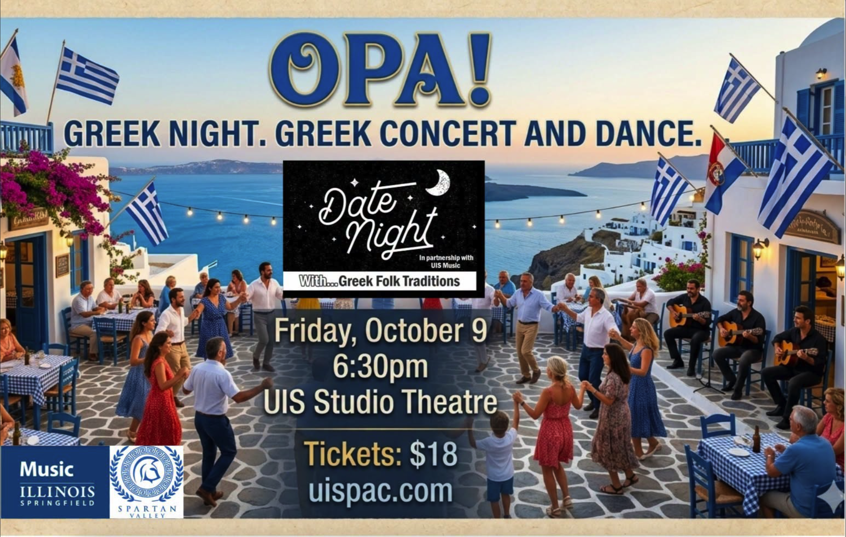 Greek-themed event poster with people dancing in a coastal village.