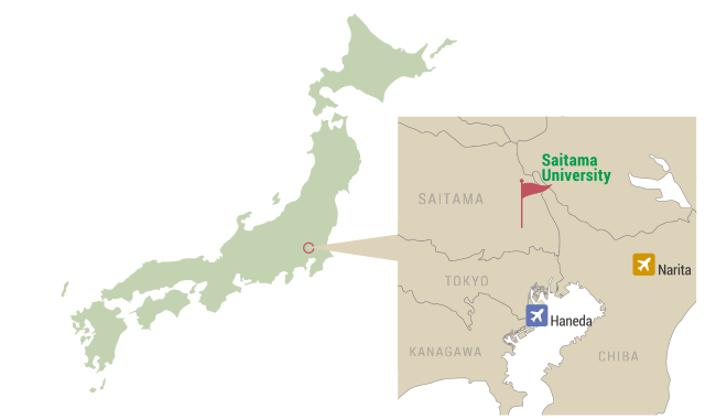 Map of Japan with zoom in of Saitama University which is north of Tokyo, in the Saitama Prefecture.