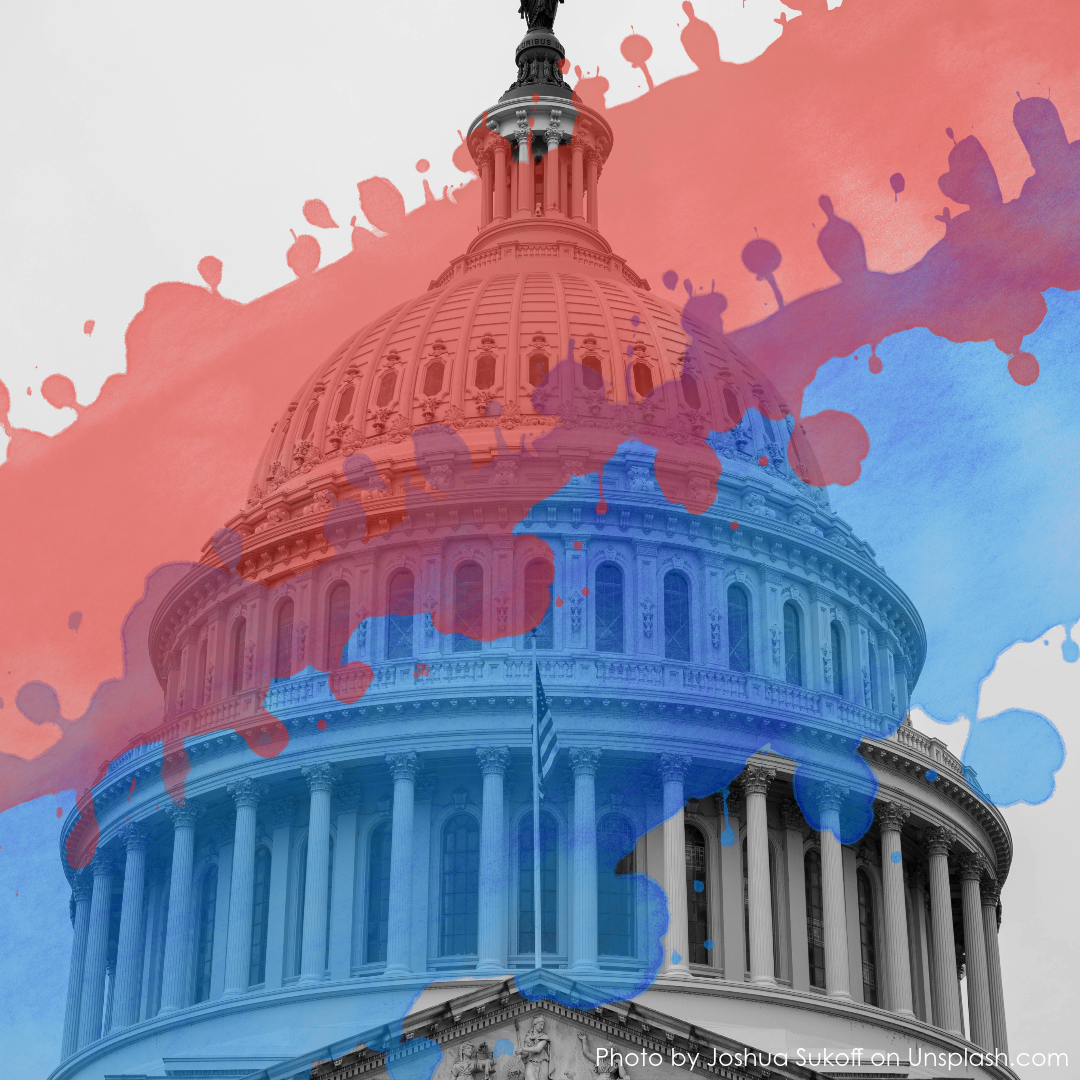 photo of capitol building with blue and red splatters overlaid on it