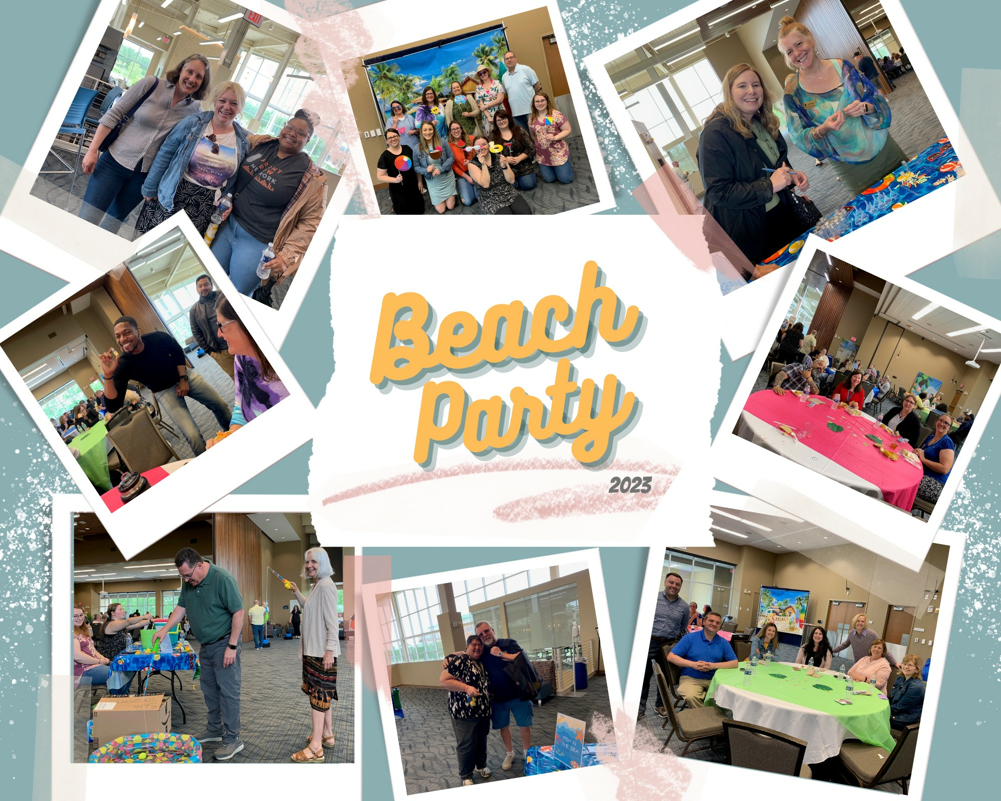 photos of the end of 2023 school year employee party with a Beach Party theme