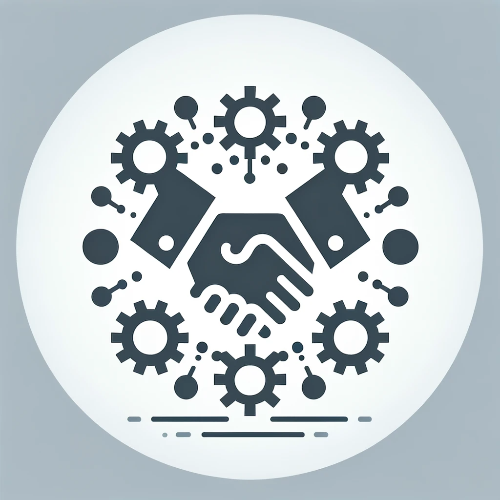 This icon symbolizes business collaboration and partnership with two hands shaking surrounding by gears meant to represent industry.