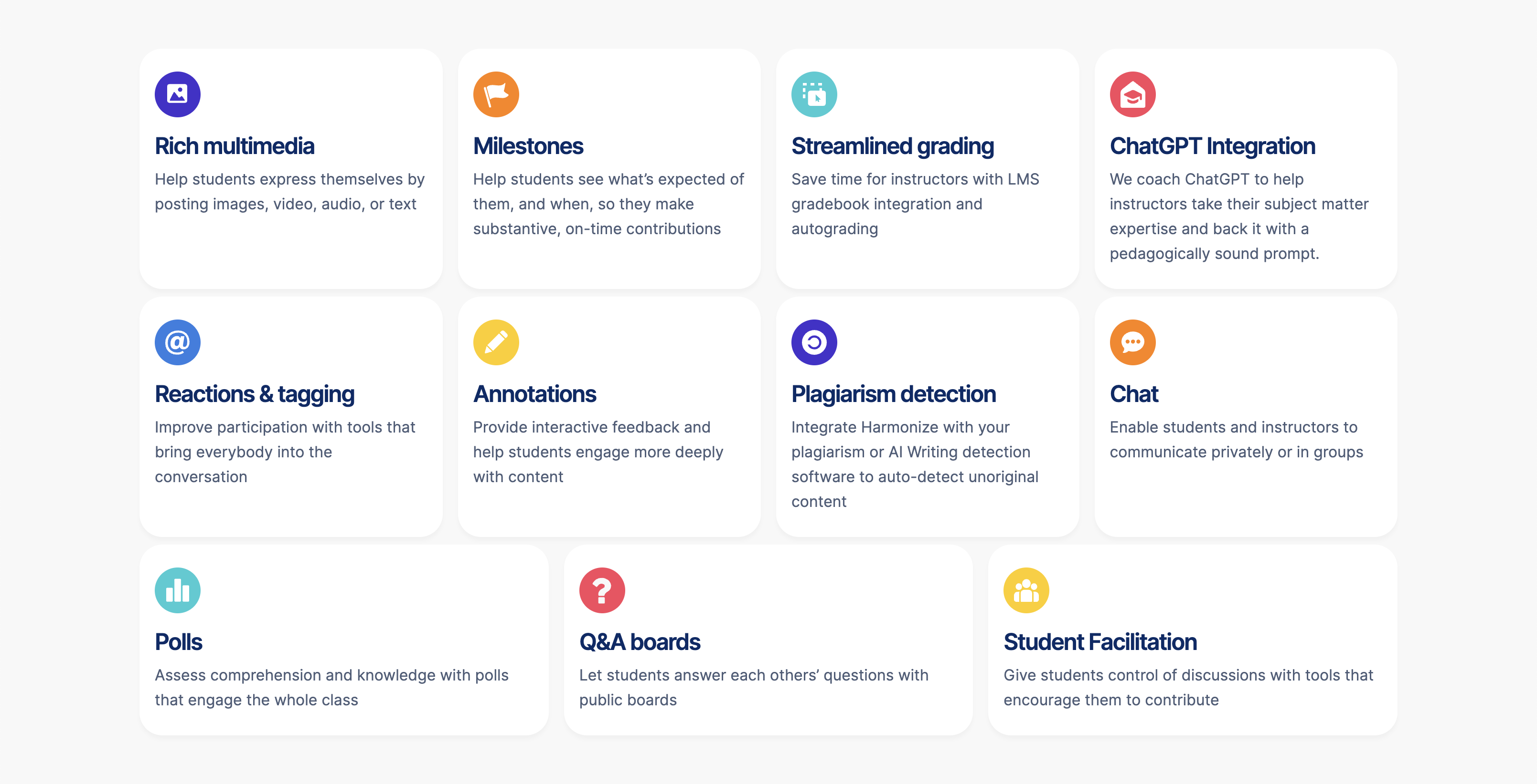 Rich multimedia: Help students express themselves by posting images, video, audio, or text.

Milestones: Help students see what’s expected of them, and when, so they make substantive, on-time contributions.

Streamlined grading: Save time for instructors with LMS gradebook integration and autograding.


ChatGPT Integration: We coach ChatGPT to help instructors take their subject matter expertise and back it with a pedagogically sound prompt.

Reactions & tagging: Improve participation with tools that bring everybody into the conversation.

Annotations: Provide interactive feedback and help students engage more deeply with content.

Plagiarism detection: Integrate Harmonize with your plagiarism or AI Writing detection software to auto-detect unoriginal content.

Chat: Enable students and instructors to communicate privately or in groups.

Polls: Assess comprehension and knowledge with polls that engage the whole class.

Q&A boards: Let students answer each others’ questions with public boards.

Student Facilitation: Give students control of discussions with tools that encourage them to contribute.