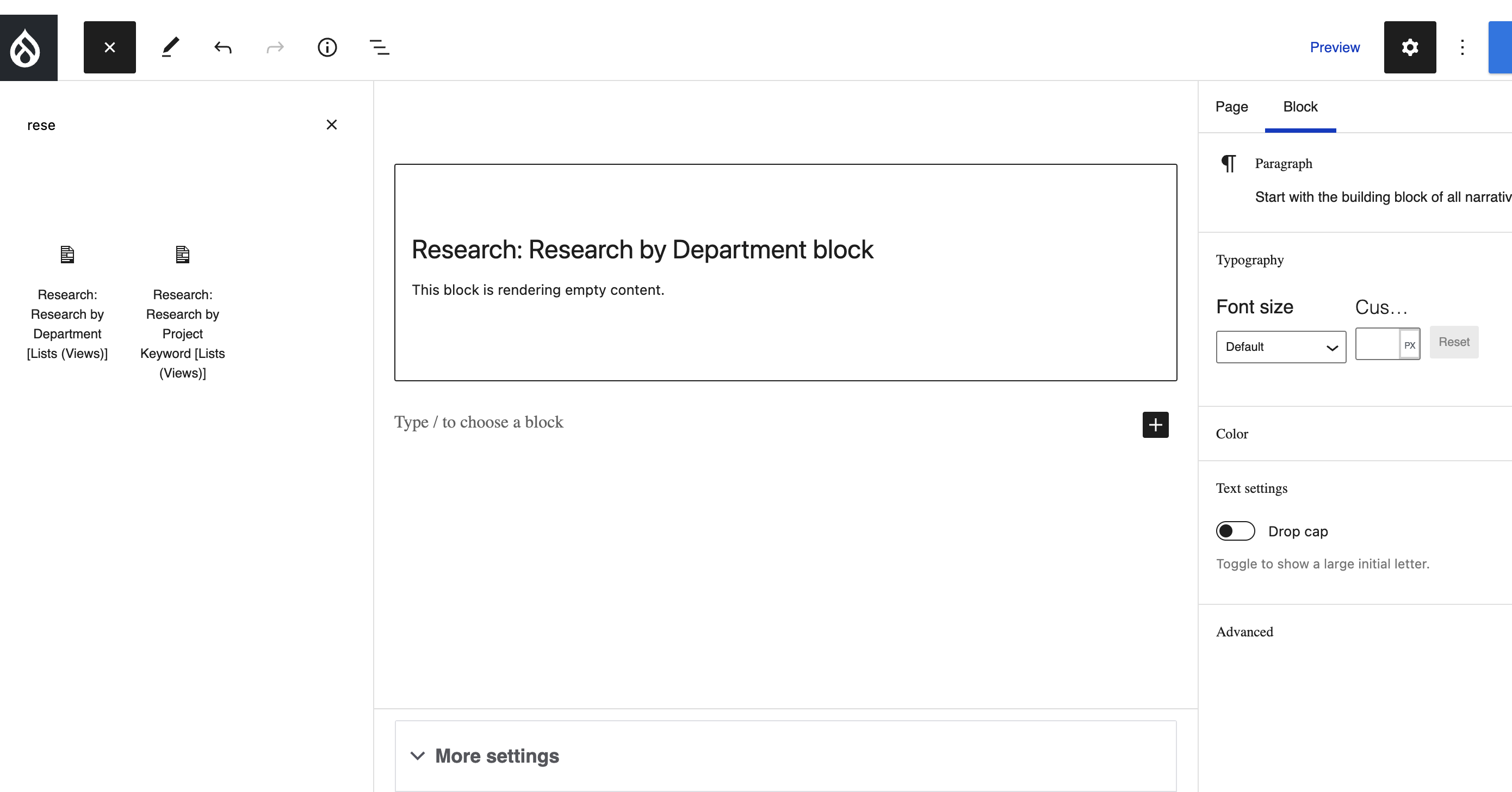 editor with research block options shown